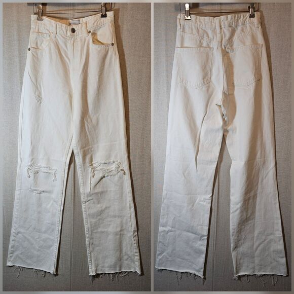 ZARA Womens Size 4 Jeans High Rise Straight Leg Holey Distressed Hem White - Picture 1 of 8